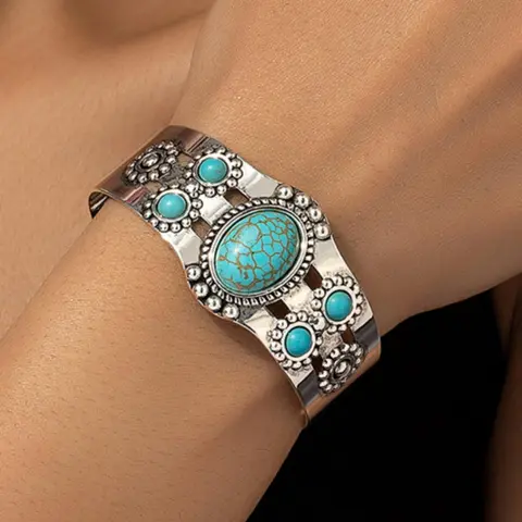 Vintage Turquoise Decorated Cuff Bangle, Elegant Jewelry for Party, Daily Clothing Decor, Trendy All-match & Exquisite Jewelry for Birthday Gift, Trendy Bangles, Trendy Jewellery Accessories, Exquisite Bracelet, Cuff Bangles Bracelets