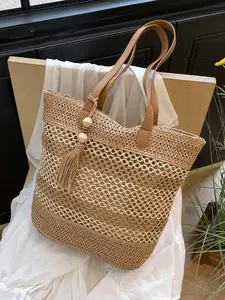 Tassel Pendant Colorblock Tote Bag, Beach Vacation Sandbag, Summer Travel Essentials, Stylish Casual Handbag for Women