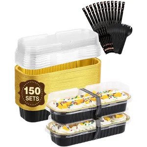 150 Pack 6.8 oz Disposable Mini Loaf Pans with Lids and Spoons -  Aluminum Loaf Pans, Small Aluminum Tin Foil Baking Tray, Food Containers for Cakes, Bread, Loaves