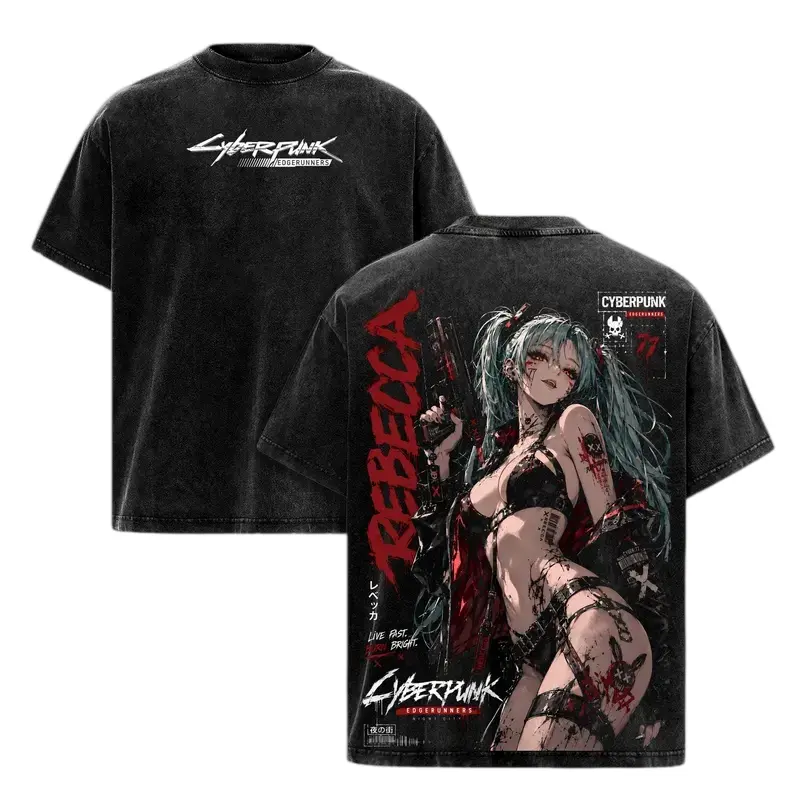 Cyberpunk Edgerunners Rebecca Anime Graphic Tee - Vintage Washed Black Heavyweight Cotton Oversized T-Shirt - Double Sided Night City Mercenary Gothic Tattoo Streetwear Top - Y2K Retro Bootleg Waifu Gym Pump Cover & Unisex Anime Fan Gift