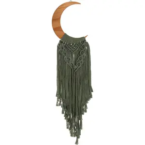 ANROYE Macrame Wall Hanging Boho Moon Decor, Bohemian Crescent Wooden Ornament with Long Tassel, Handmade Unique Wood Tapestry Home Decoration Wall Art Gift for Dorm Bedroom Nursery Living Room