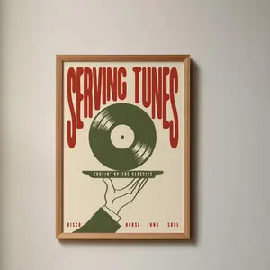 Serving Tunes Print Music Poster Home Decor Vinyl Illustration Record Bar Trendy Retro Disco and House Mid Century Serene Home Decor