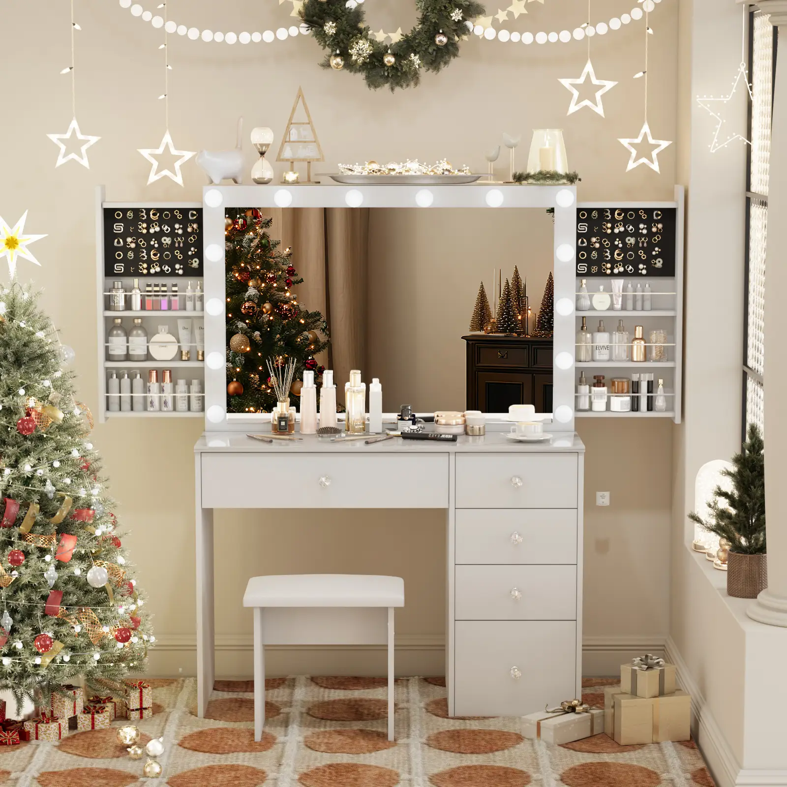 VOWNER Makeup Vanity Desk With 2 Sliding Hidden Drawers And Large Mirror, 14 Lighting Bulbs, Come With Stool, For Bedroom