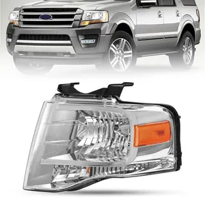 HECASA Left Headlight Assembly Compatible with 2007-2014 Ford Expedition Replacement for 7L1Z13008BB FO2502226 Halogen Headlamp Front Light Lamp w/Bulb Clear Lens Chrome Housing Driver Side