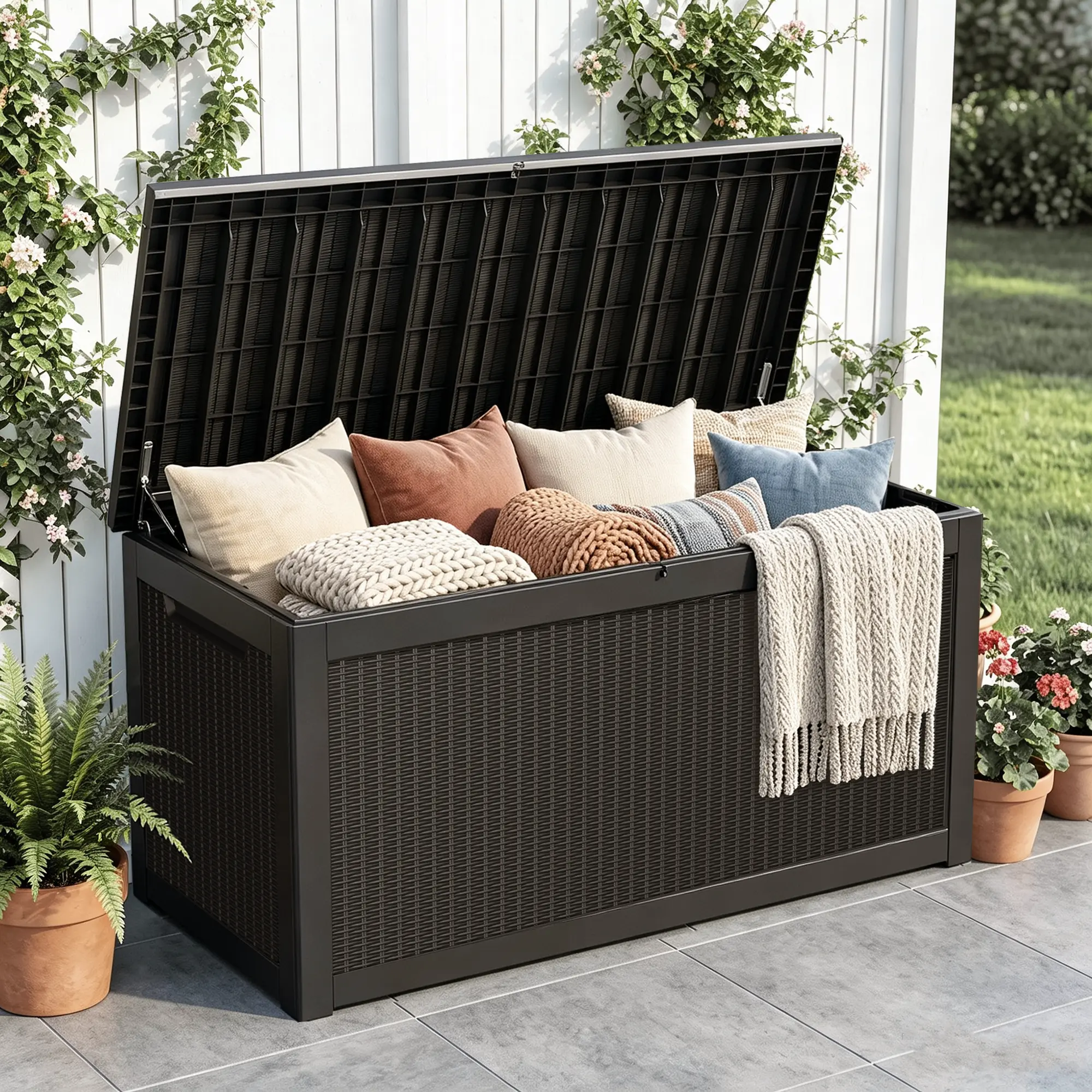 BIFANUO 320 Gal All-Weather Resin Outdoor Storage Deck Box - Organize Patio Furniture Cushions, Garden Tools, Fadesafe Finish, Waterproof, Patio Surface Storage & Seat That Doubles as Table, Summervibes