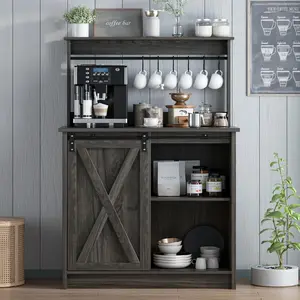 HOMBCK Farmhouse Coffee Bar Cabinet with 6 Hooks, Coffee Bar Hutch with Storage, 50 Inch, with Sliding Barn Door, with Adjustable Shelves