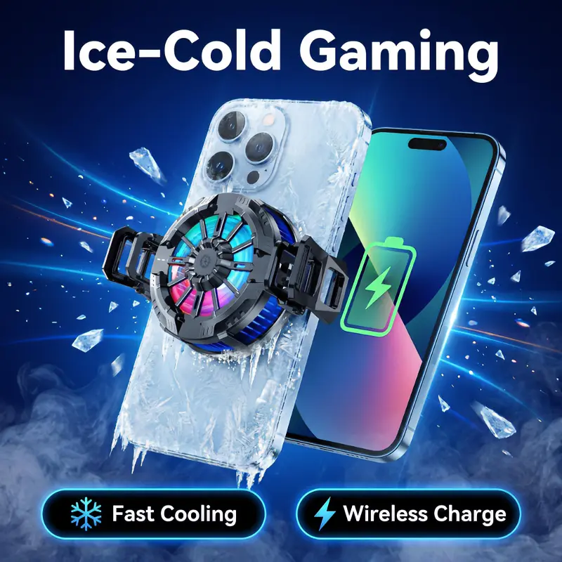 Gaming Phone Cooler - Handheld Mobile Electronic Accessory with Magnetic Wireless Charging, RGB Fan, LED Flashlight, Fast Cooling Stand, Game Device for iPhone, Android, Esports Streaming