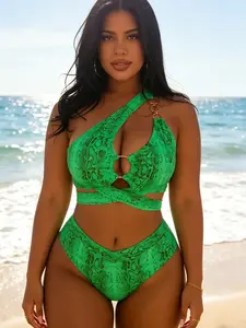 Women's European Style Plus Size New Snake Print Sexy Tie Bikini Set, Perfect for Beach, Pool, and Sea, Trendy Swimwear for Summer, Summer Swimsuit Set
