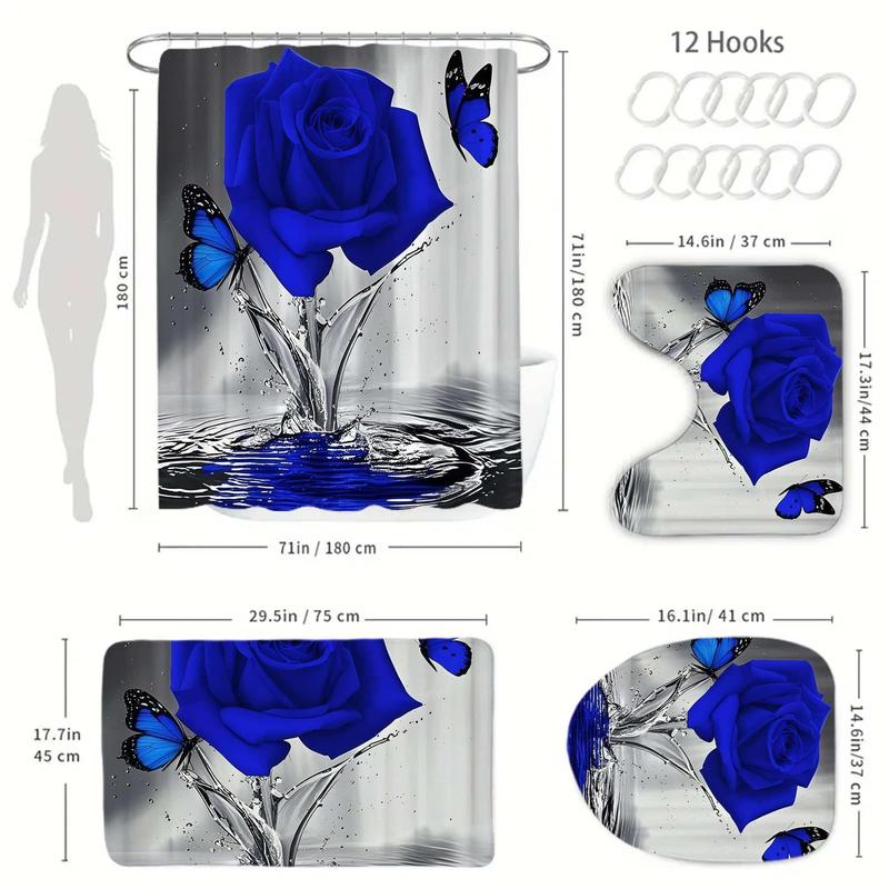 1/4pcs Watercolor Rose Shower Curtain Set - Includes Non-Slip Bathroom Mat, Toilet U-Shaped Pad, Toilet Seat Cover, Decor & Bathtub Divider with 12 Hooks Perfect for Housewarming & Christmas Gifts