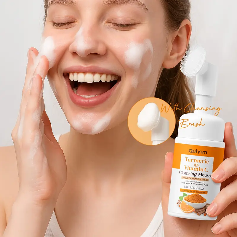 Quiyum Turmeric Vitamin C Cleansing Mousse with Massage Cleansing Brush, 1/2 pcs, Gentle Face Wash for Brightening Skin, Hydrating & Nourishing Formula