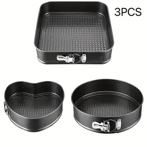 3-Piece Non-Stick Durable Cake Pan Set | Carbon Steel Round & Heart Shaped Springform Pans with Removable Bottom, Easy Release, Black Silicone Cake Pan Baking Tools
