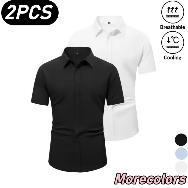 2-pack men’s summer short-sleeve business shirts, simple, versatile classic notched collar design, breathable—doesn’t trap sweat and resists deformation, suitable for men’s office work and everyday outings.