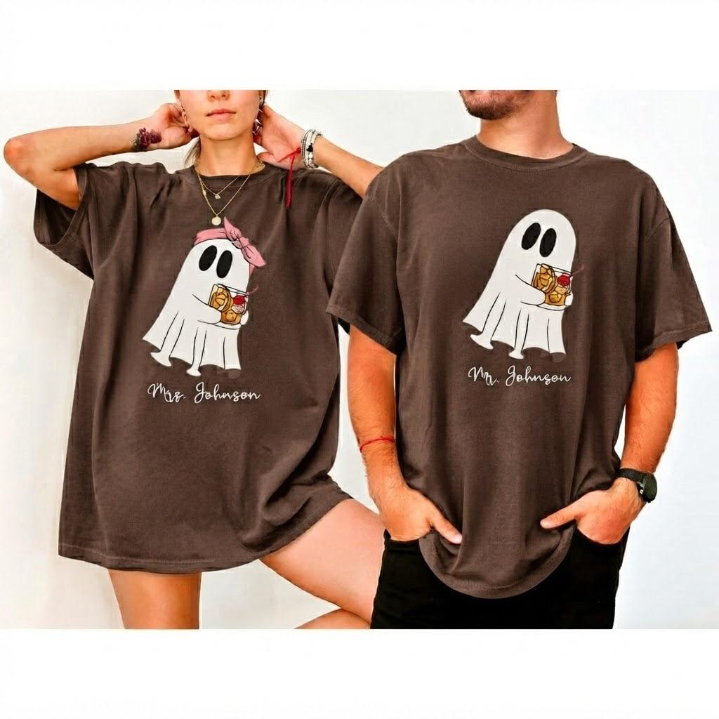 Matching Ghost Couple Comfort Color T-Shirts, Funny Halloween Boo and Brew Shirts and Custom Mrs. and Mr. Johnson Tees, Cute Halloween Ghost shirt, Spooky Season Gift for Couple | GHINI