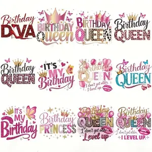Birthday Queen Letter Pattern Iron on Transfer Sticker, 12pcs/set DIY Kit Heat Transfer Decals for T-shirts, Hats, and Bags Art