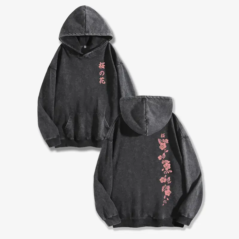 Japanese Cherry Blossom Double-Sided Washed Hoodie, Oversized