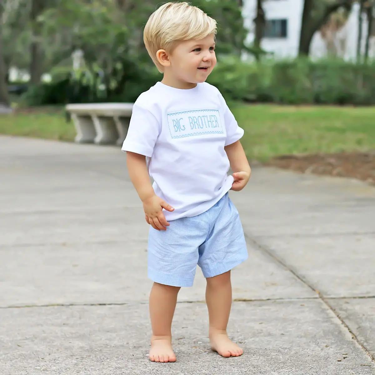 Smocked Big Brother Short Set Light Blue Gingham - Boys Sibling Outfit