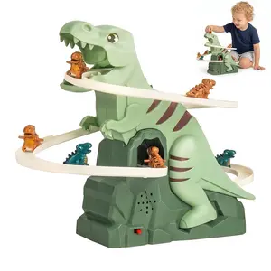 Electric Dinosaur Stair Climbing Toy, Automatic Slide Track Playset with 6 Dinosaur Cars, Educational Interactive Racing Toy for Kids, Ideal Holiday Birthday Gift