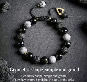 Night Galaxy Stone Bracelet, Matte Black Onyx Lava Rock, Minimalist Geometric Wristband for Men Minimalist Geometric Planet Bracelet, Black Lava Rock Stone Bracelet, Perfect Gift for Boyfriend Dad