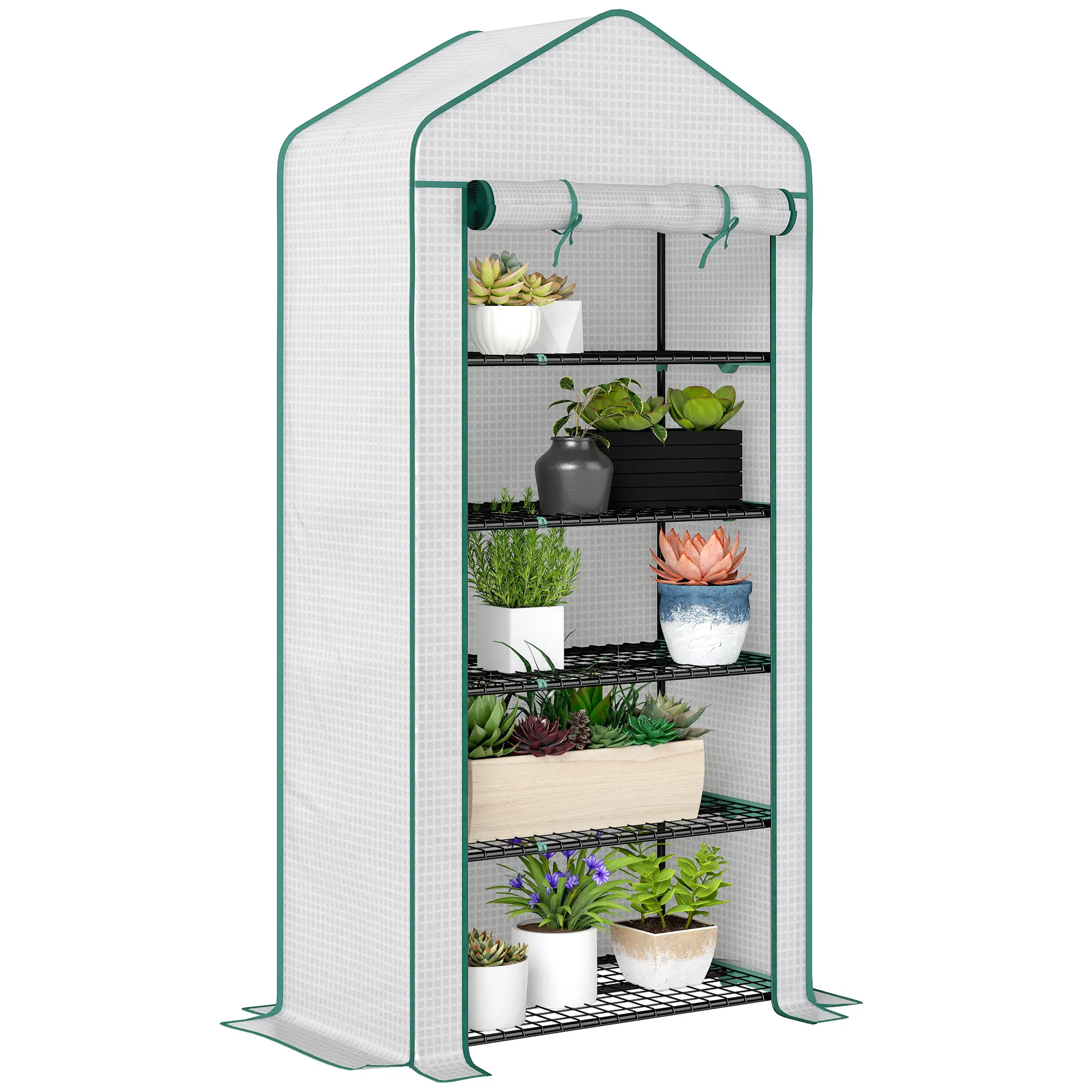 5 Tier Mini Greenhouse – White. 5 Movable Shelves (22 lbs Each). Three-Layer PE Cover + Reinforcement Grid. Roll-Up Zippered Door. Steel Frame. 76" H x 35.4" L x 19.3" W