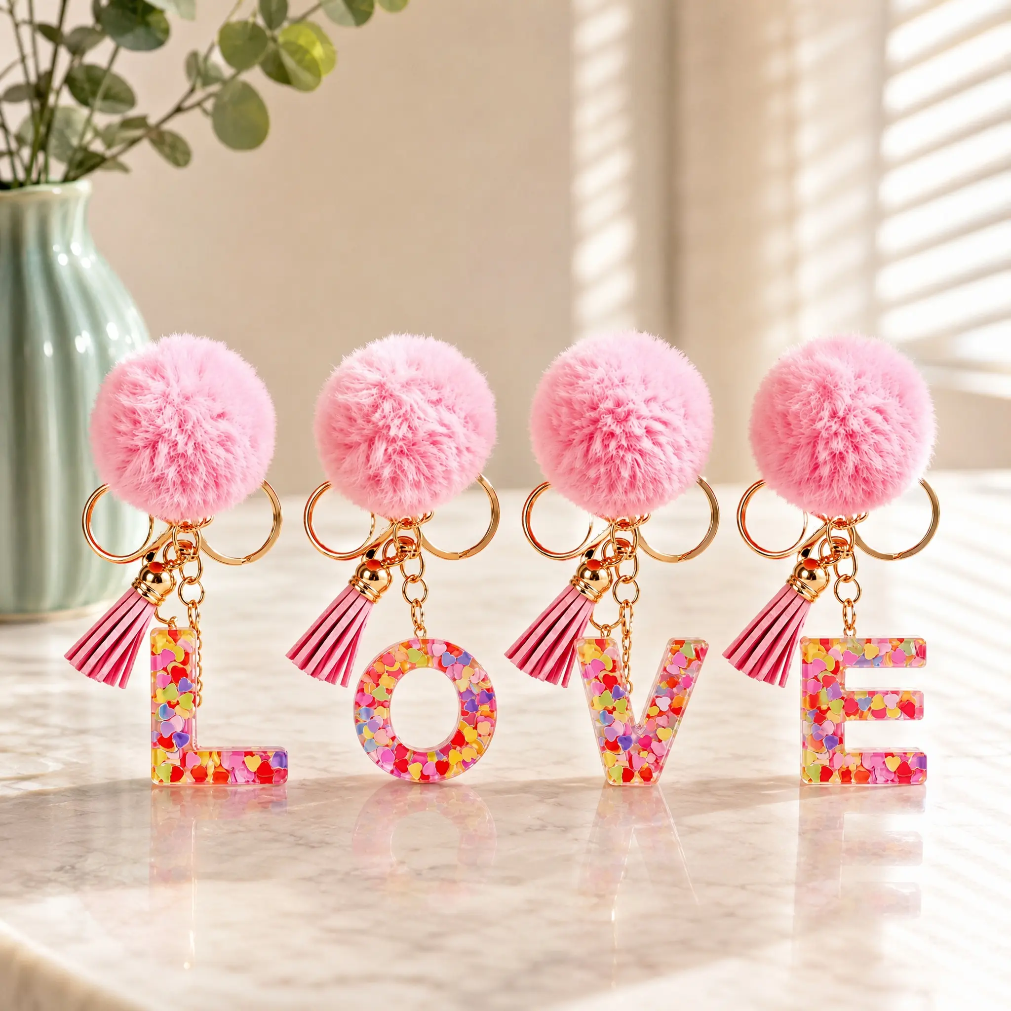 Pink Pom Pom 26 Letter Keychains, Resin Alphabet Key Chains Filled with Heart Glitter, Tassel Crystal Bag Charms Perfect birthday, holiday and party gifts for friends and family 【Back to School】- MM2