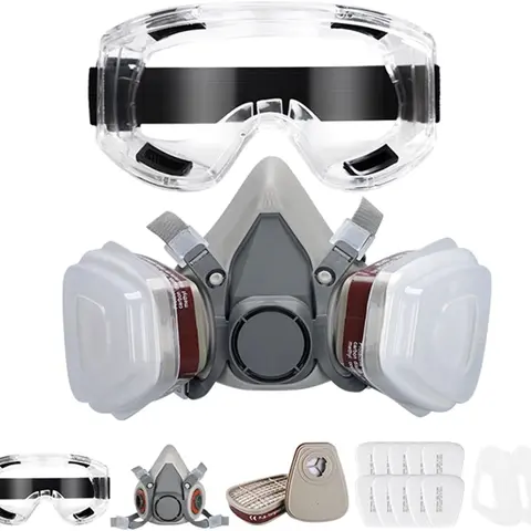 16 In 1 Reusable Full Face Dual Respirator Set - Dustproof Gasproof Anti-Dust Mask with Pre-Attached Cartridges, Filter, Goggles, No Swapping Wear-and-Go Industrial Work Safety Gear for Paint Spray, Chemical Protection