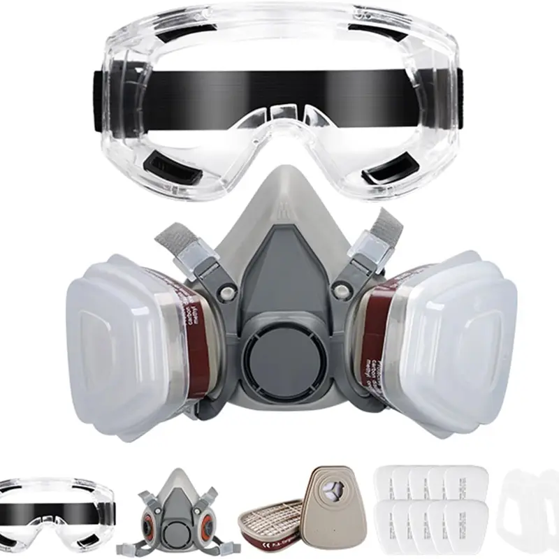 16 In 1 Reusable Full Face Dual Respirator Set - Dustproof Gasproof Anti-Dust Mask with Pre-Attached Cartridges, Filter, Goggles, No Swapping Wear-and-Go Industrial Work Safety Gear for Paint Spray, Chemical Protection