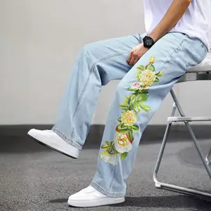 GINGTTO Mens Baggy Denim Pants Printed Y2K Jeans Hip Hop Wide Leg Fashion Straight Trousers Streetwear