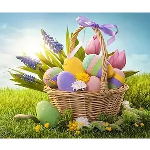1PC  Diamond Painting Easter Themed Diamond Painting Kit Woven Basket with Colorful Eggs and Flowers Pattern DIY Full Drill Diamond Art for Home Wall Decor and Holiday Craft Gift