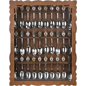 Ikee Design Wooden 30-Souvenir Spoon Display Case Cabinet, Wall-Mounted Tea Spoon Rack with Tempered Glass Suitable for Collection Display, 13.4W x 2.6D x 15.7H in