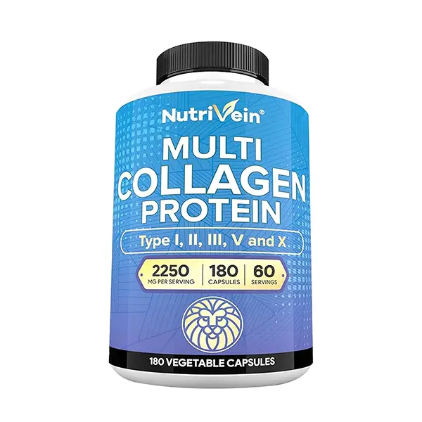 Premium Multi Collagen Capsules 2250mg, Hydrolyzed Collagen Types I, II, III, V & X, Supports Healthy Skin, Hair, Nails, Joints & Bones, High Absorption Protein Peptides for Women & Men, 180 Easy-to-Swallow Capsules