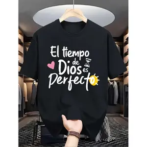 Men'S Casual round Neck T-shirt, Printed with the Words "God'S Time Is Perfect",Slight Elasticity, Regular Version, Tops for Daily Wear in Summer Graphic Oversized Vintage Menswear Cotton