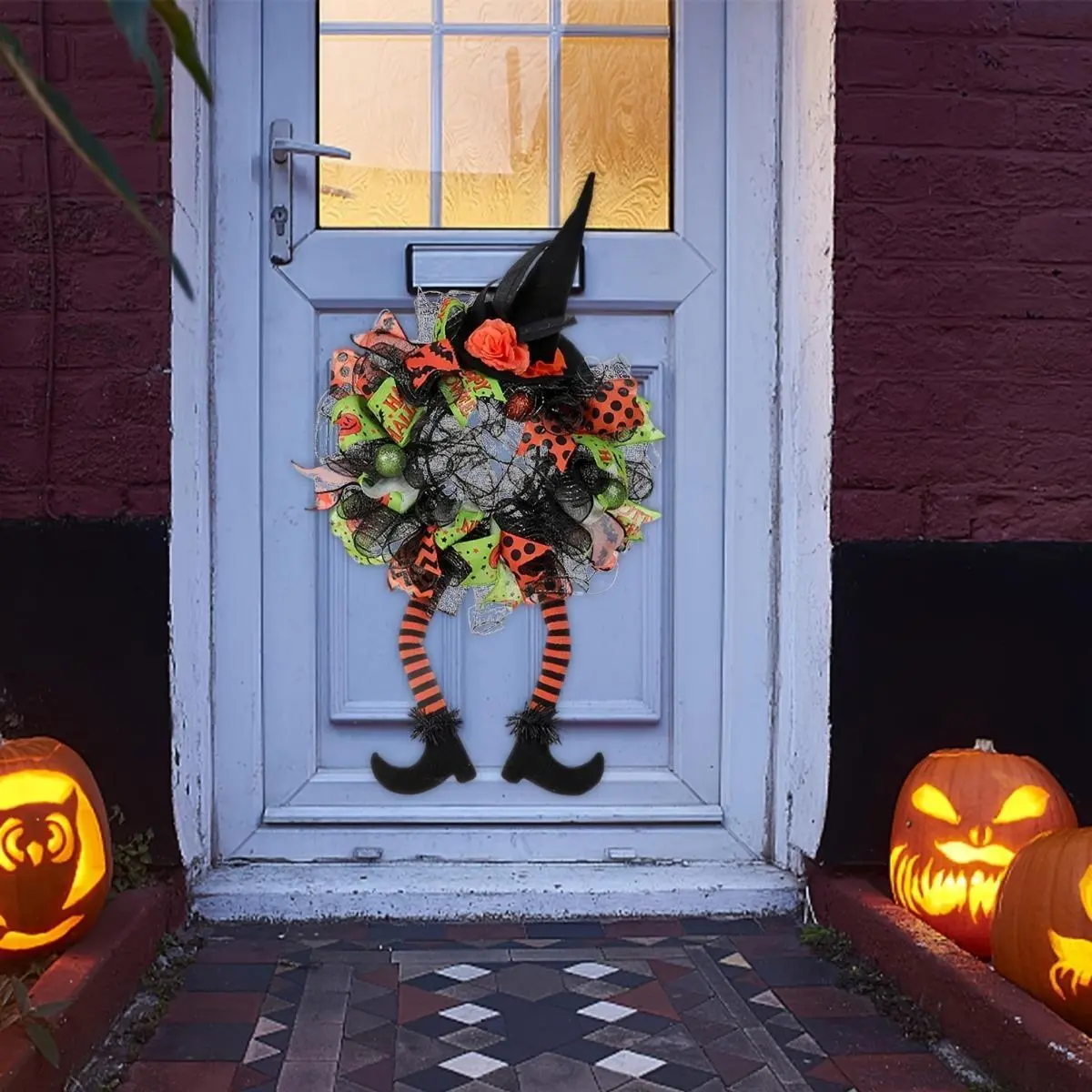 Halloween Wreath Witch, Halloween Wreaths for Front Door with Witch Hat Leg Mesh Decor, Halloween Decorations Indoor Outdoor Spooky Gift