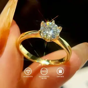 1pc Shavano 925 Sterling Silvery Moissanite Engagement Ring, 0.5/1/2/3/5/10 Carat Solitaire 6-Prong Wedding Band for Women, Ideal for Banquets, Parties, Official Events, Anniversary Gift with Valentine'S Day Box