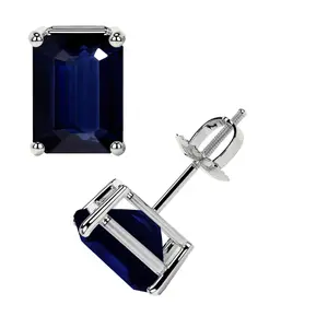 Classic Four Prong Emerald Cut Blue Sapphire Stud Earrings (2.20cttw)- EBS003-7X5-AA