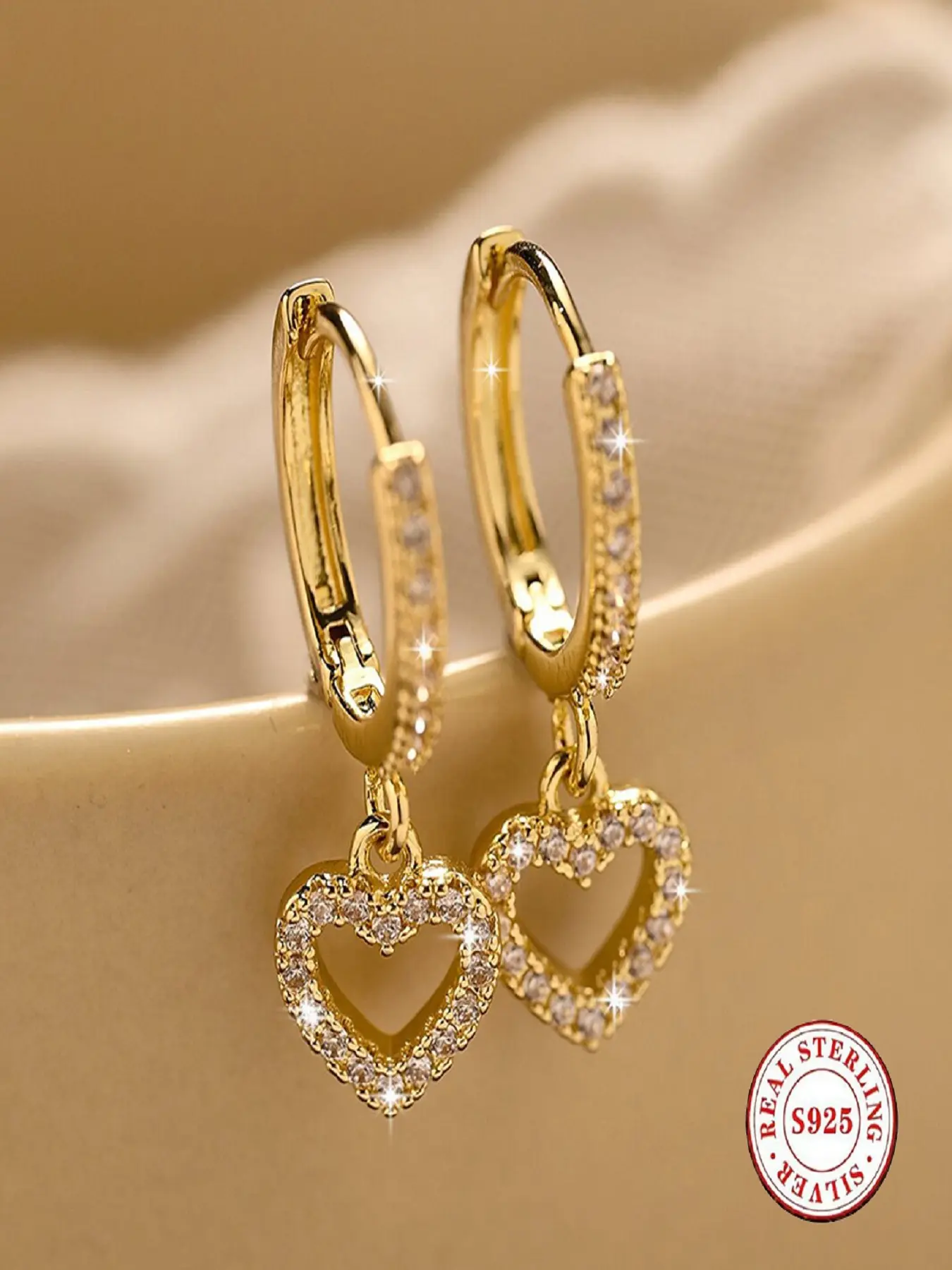 S925 Sterling Silver Gold Plated Heart Dangle Earrings for Women, Cubic Zirconia Paved Huggie Hoop Drop Earrings, Elegant Jewelry for Wedding Valentine's Day Birthday Gifts