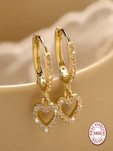 S925 Sterling Silver Gold Plated Heart Dangle Earrings for Women, Cubic Zirconia Paved Huggie Hoop Drop Earrings, Elegant Jewelry for Wedding Valentine's Day Birthday Gifts, Heart Shaped Earrings