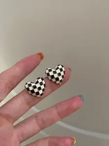 Checkered Heart Earrings, Small Elegant Studs, Versatile Fashion Jewelry, Forest Style Ear Accessories, Perfect for Daily Wear
