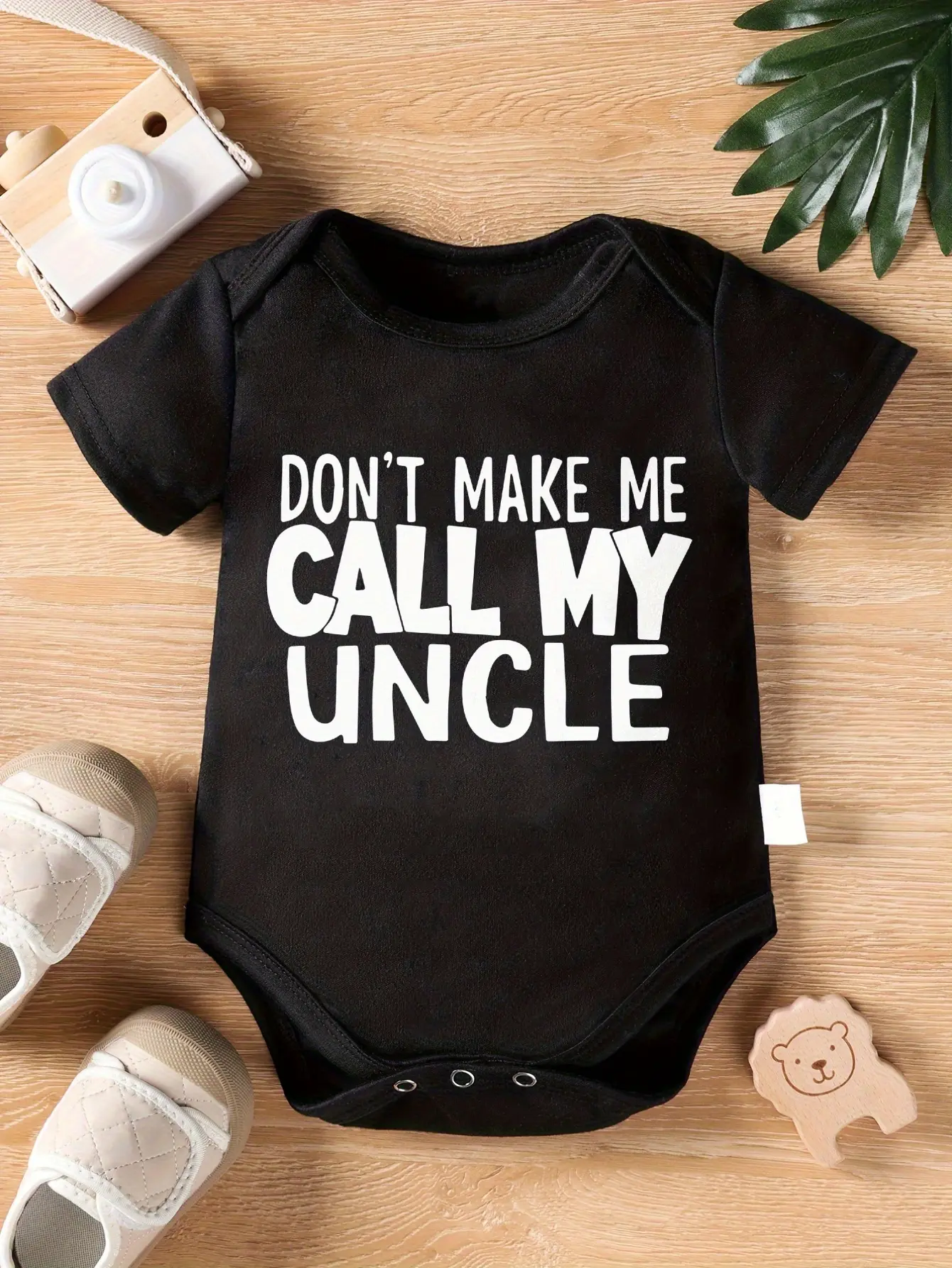 Don't Make Me Call My Uncle Short‑Sleeve Baby Bodysuit, Funny Bold Letter Slogan Soft Cotton Infant Onesie