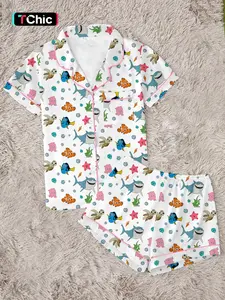 Women's Shark Starfish Turtle Pajamas, Two-Piece Set, Short Sleeve, Heart Pattern, Fitted, Party Wear, All Seasons, Contrast Binding