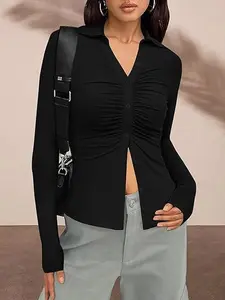 Ladies Trendy Ruched Detail Slim Tops, Fashion Casual Versatile T-Shirts, Stylish Figure Flattering Tees for Everyday Wear