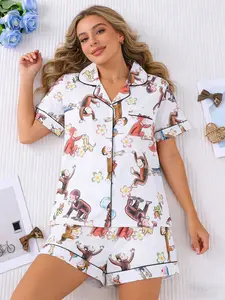Women's Sleepwear Set with Cartoon Monkey Print, Casual Short Sleeve Pajamas, Comfortable Home Wear for Men and Women
