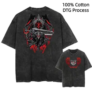 Japanese Anime Graphic Print Washed Short Sleeved Round Neck Y2k Tshirt  DTG Process Unisex Loose-Fitting T-shirt, Washed Casual Top (100% Cotton, 280g), Smooth Fabric, Minimalist Style, Street Style, Classic T-shirt, Makes a Great Gift.