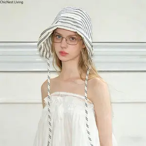 French-style shepherdess wide-brimmed hat, striped, fashionable, versatile, simple, sun-protective hat, makes face look smaller, sun-shading bucket hat.