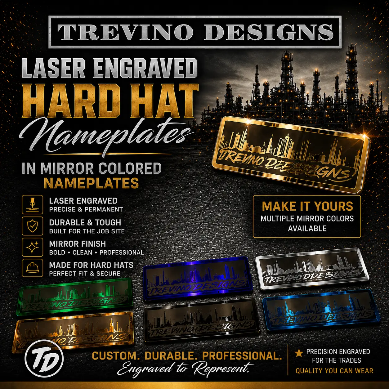 HARD HAT NAMEPLATES MIRROR COLOR EDITION TREVINO DESIGNS