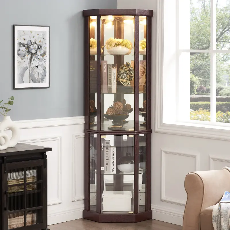 69"H Lighted Wooden Corner Curio Cabinet Display Case - Living Room Decor Furniture, Tempered Glass Door, Adjustable Shelves, Mirrored Back Pane (Dark Cherry, Furniture Living Room)
