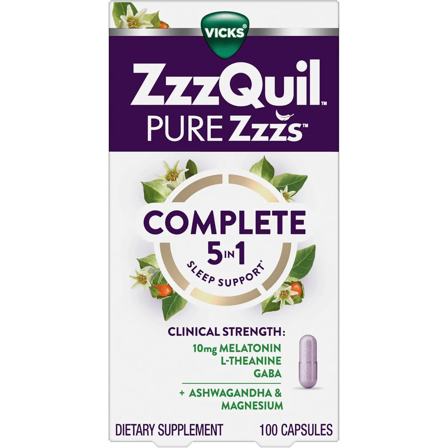 Pure Zzzs Complete Sleep Melatonin 10mg Sleep Aid with Ashwagandha Magnesium GABA L Theanine 100 Count