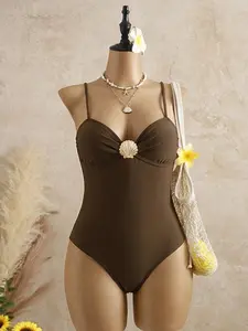 Women's Solid Color One-Piece Swimsuit, Vacation Casual Beachwear, Seamless Underwire Bikini Suit, Perfect for Summer Holiday and Pool Party