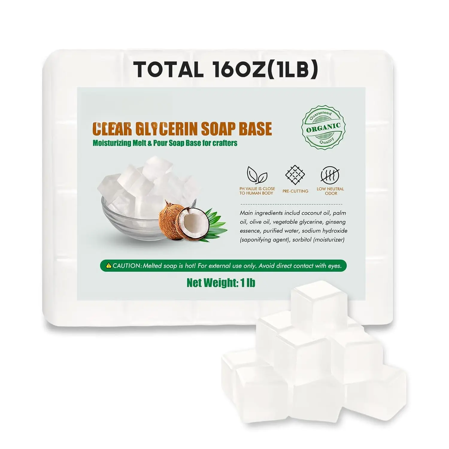 Glycerin Soap Base 1LB - DIY  Soap for Crafting, Vegetable Glycerin & Coconut Oil, Moisturizing, Easy to Cut, Transparent -  Care