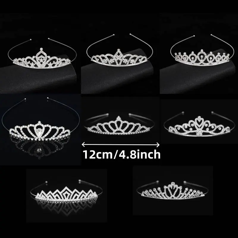Women's & Little Girls' 8-Piece Sparkly Stones Tiara Headbands - Crown Shape, Silver Metal, Rhinestone-Detailed Tiara Form Decorative Headpieces for Wedding & Birthday Party, Female, 12Cm, Glamorous, Elastic Band, 12Cm/4.8 Inches, Everyday, Excellent Elas