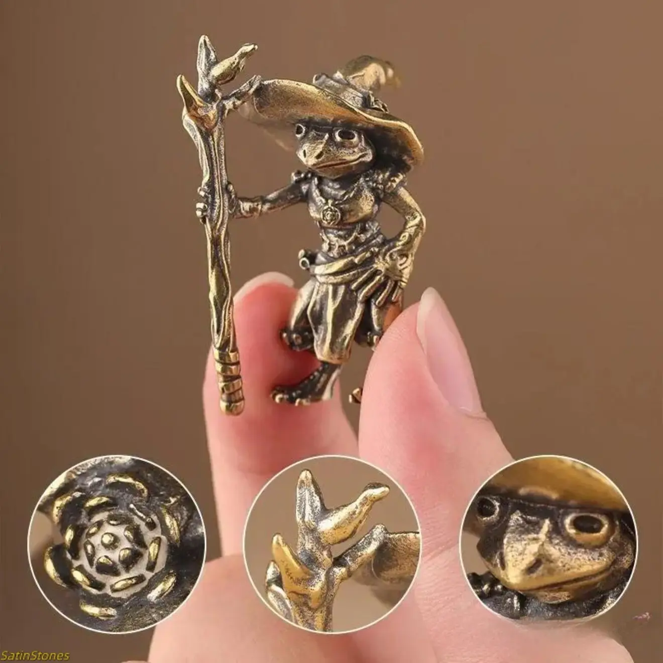 Vintage Frog Wizard Statue, Handcrafted Brass Ornament for Artistic Bookshelf and Desktop Decoration, Sculpture, Ornaments